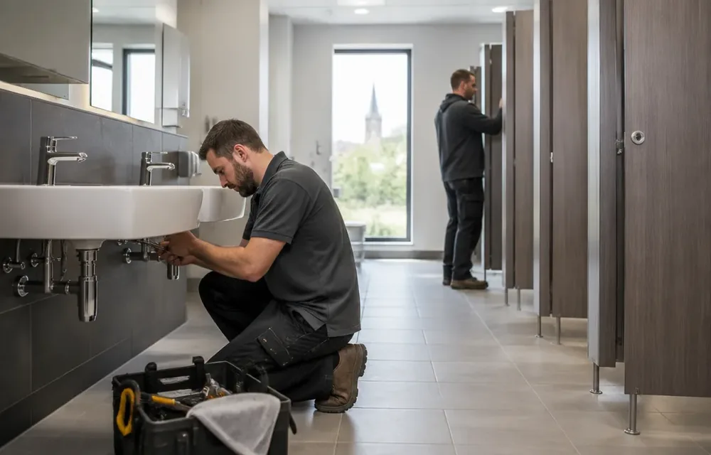Office restroom sinks and toilets in a Chelmsford workplace