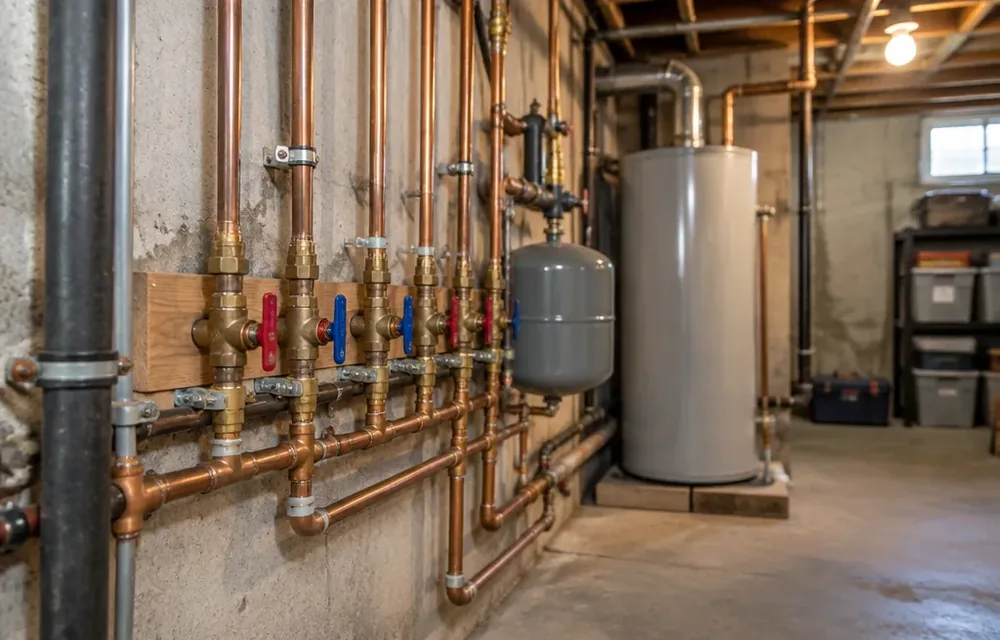 Basement shutoff valves and meters in a Chelmsford rental building