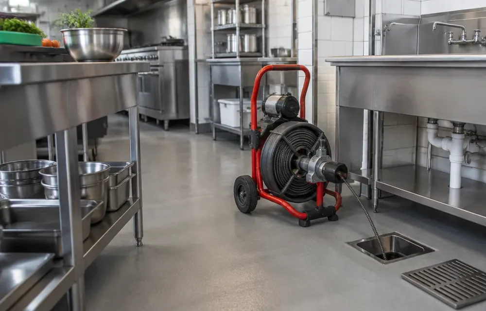 Floor sink and drain area in a Chelmsford restaurant kitchen