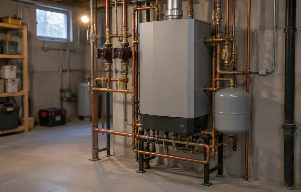 New boiler with near-boiler piping in a Chelmsford basement mechanical room