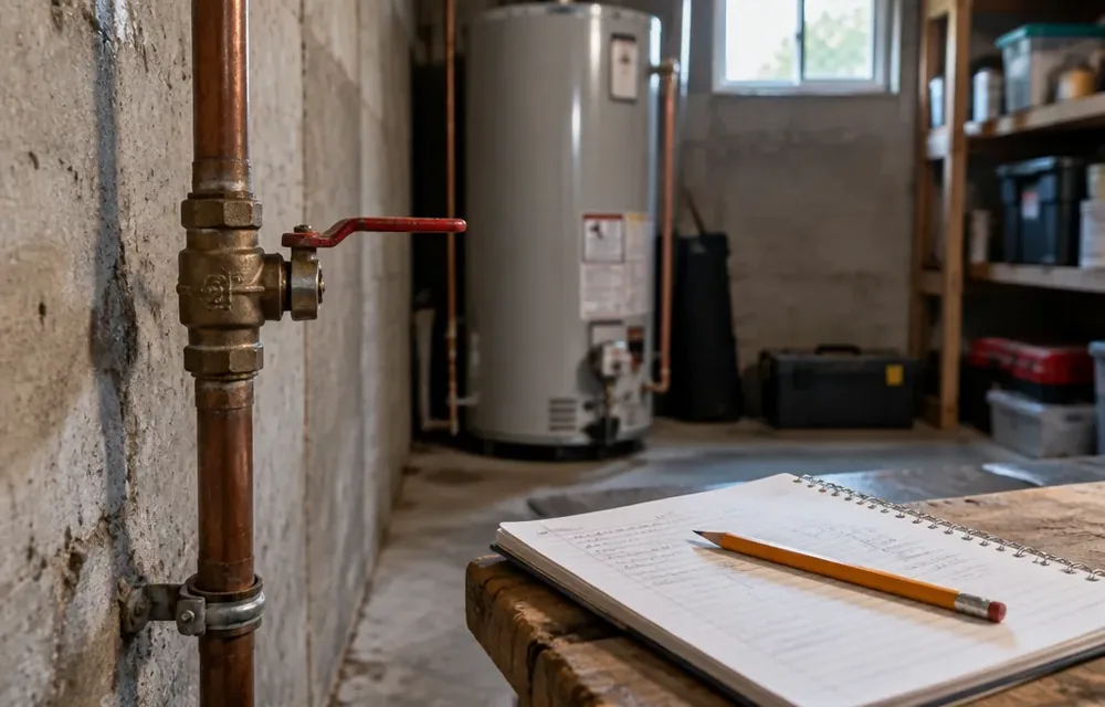 Open code book beside shutoff valve as homeowner reviews permit notes in basement