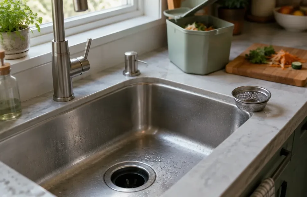Kitchen sink disposal with strainer and scrap bin beside it