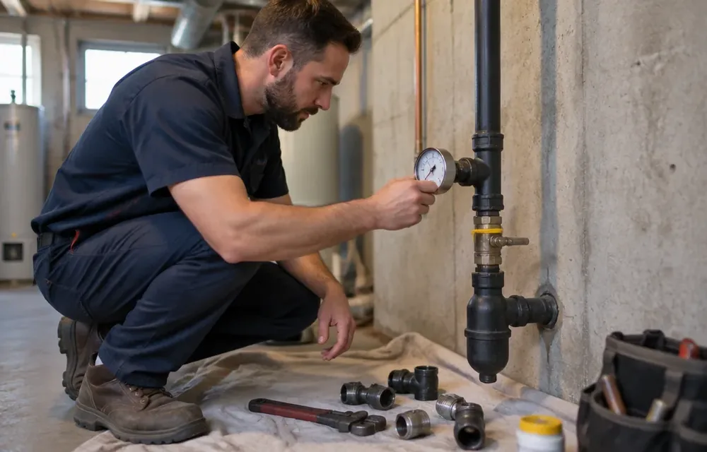 Plumber checking pressure gauge on a new gas branch in a Chelmsford basement