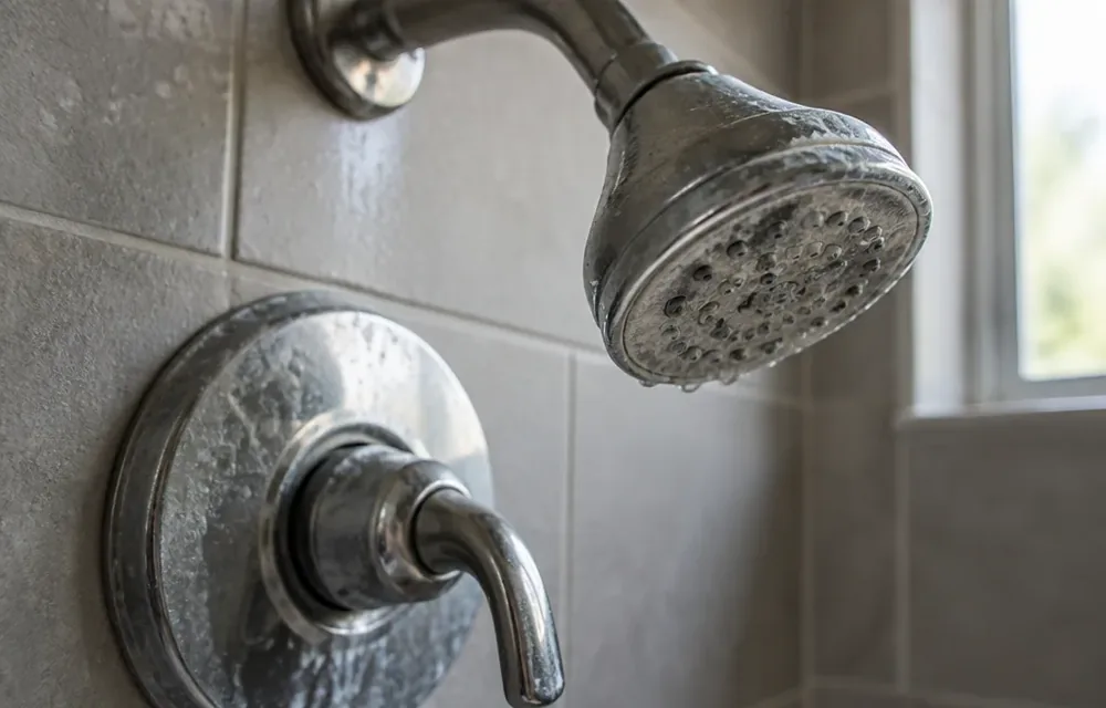 Scale on a Chelmsford shower head and faucet base from hard water
