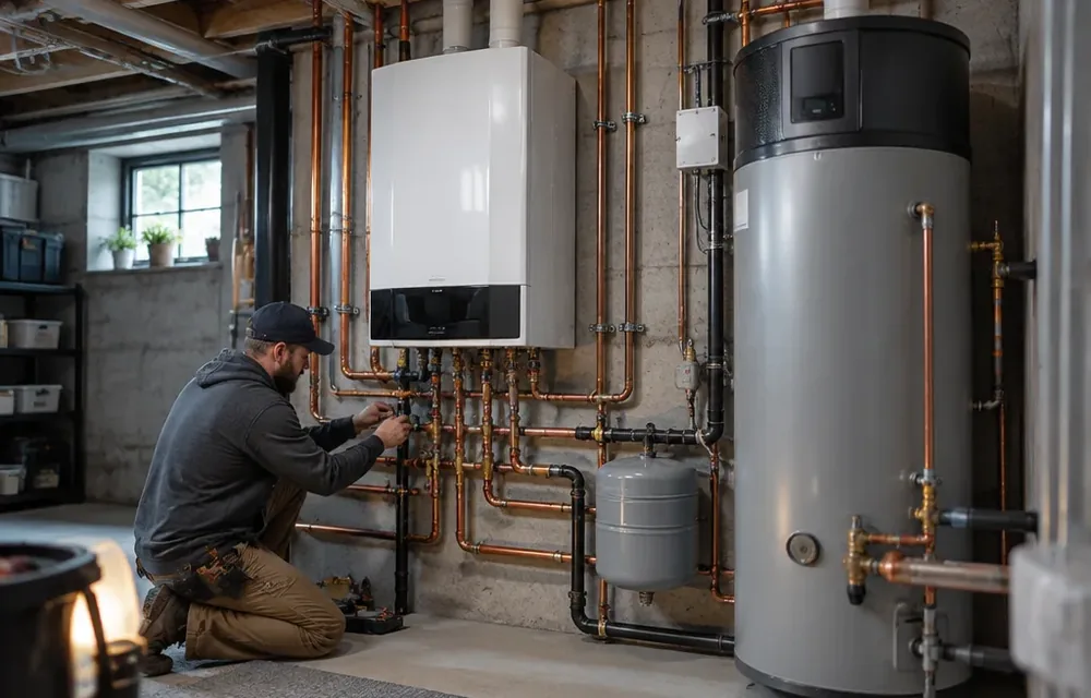 High-efficiency boiler beside a heat pump water heater in a Chelmsford basement