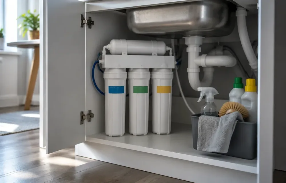 Certified under-sink water filter installed in a Chelmsford kitchen cabinet