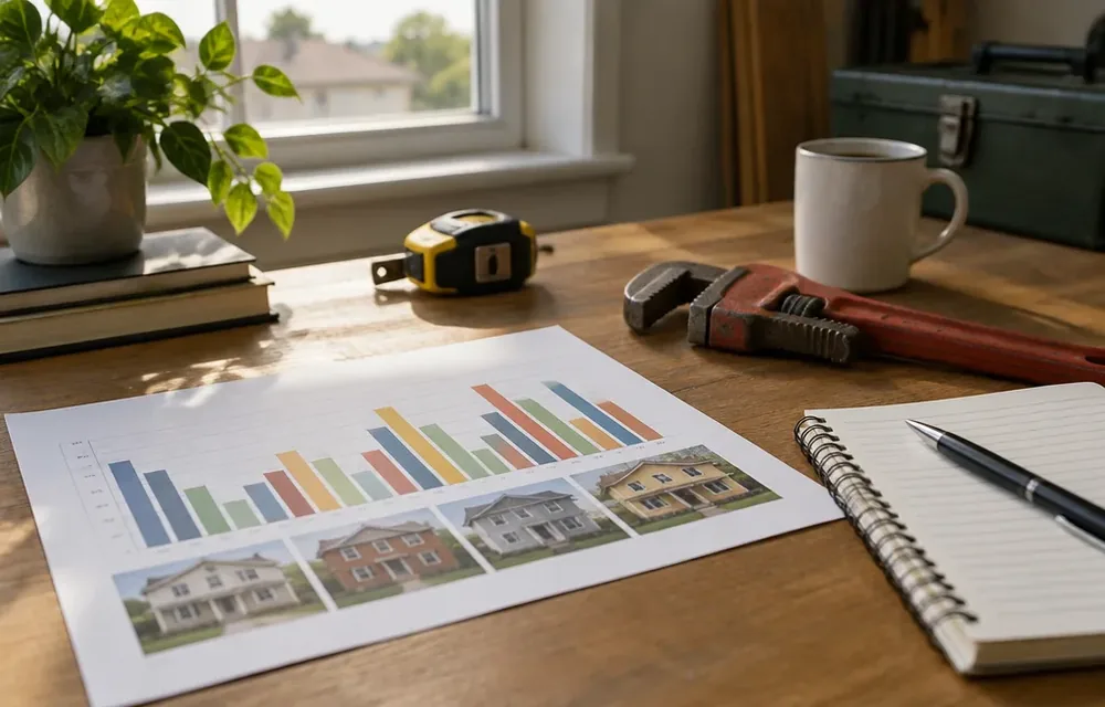 Chart of housing ages by town behind plumbing planning notes in Chelmsford