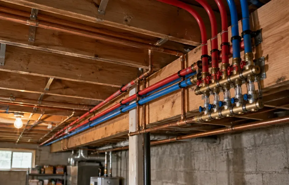 New supply piping routed through open basement joists in a Chelmsford home