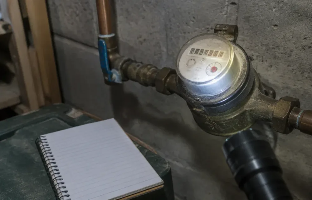 Water meter with notebook recording overnight readings in a Chelmsford basement