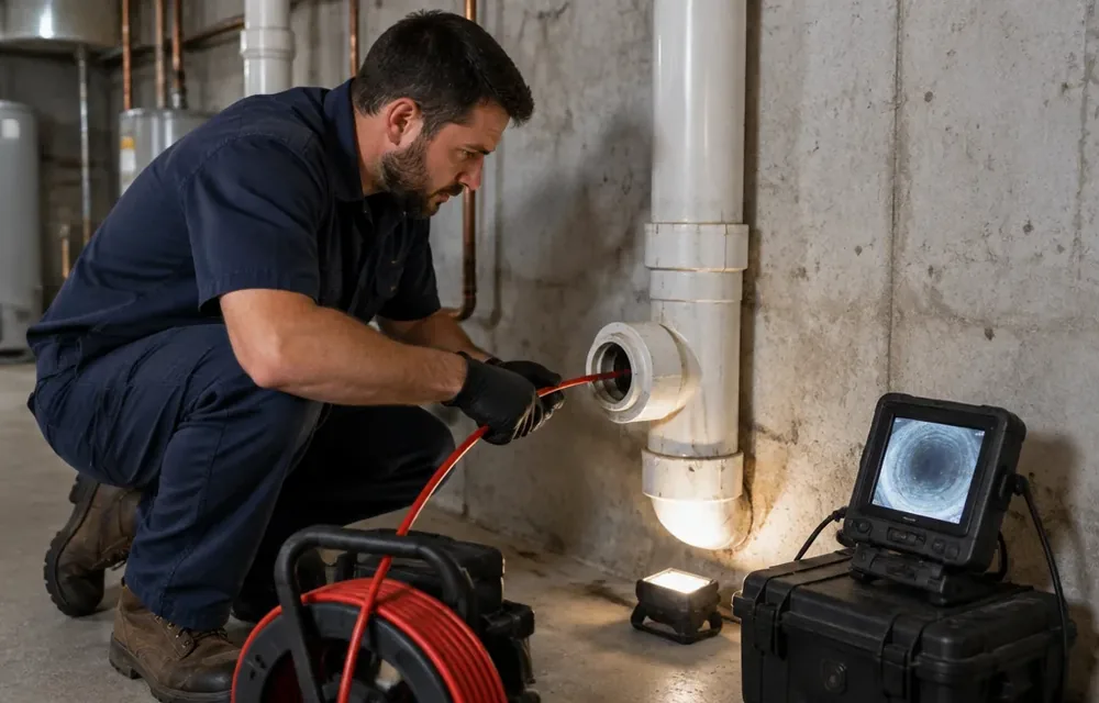 Plumber guiding a sewer camera cable into a basement cleanout