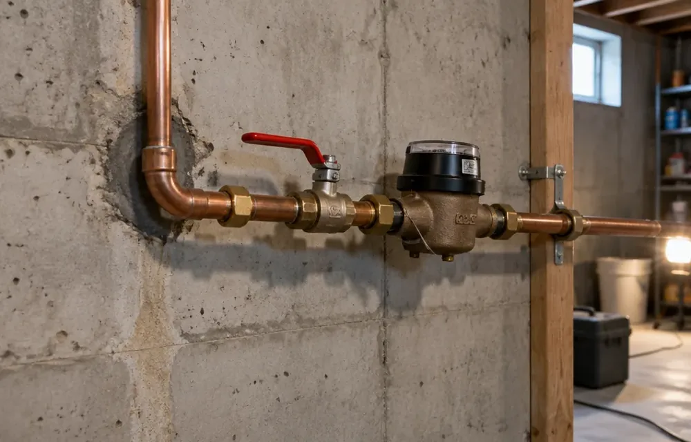 Main water shutoff valve on copper pipe in a Chelmsford basement