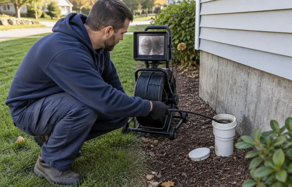 Camera monitor showing a sewer pipe interior beside an exterior cleanout in Chelmsford