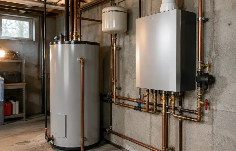 Tank heater beside a wall hung tankless unit in a Chelmsford basement
