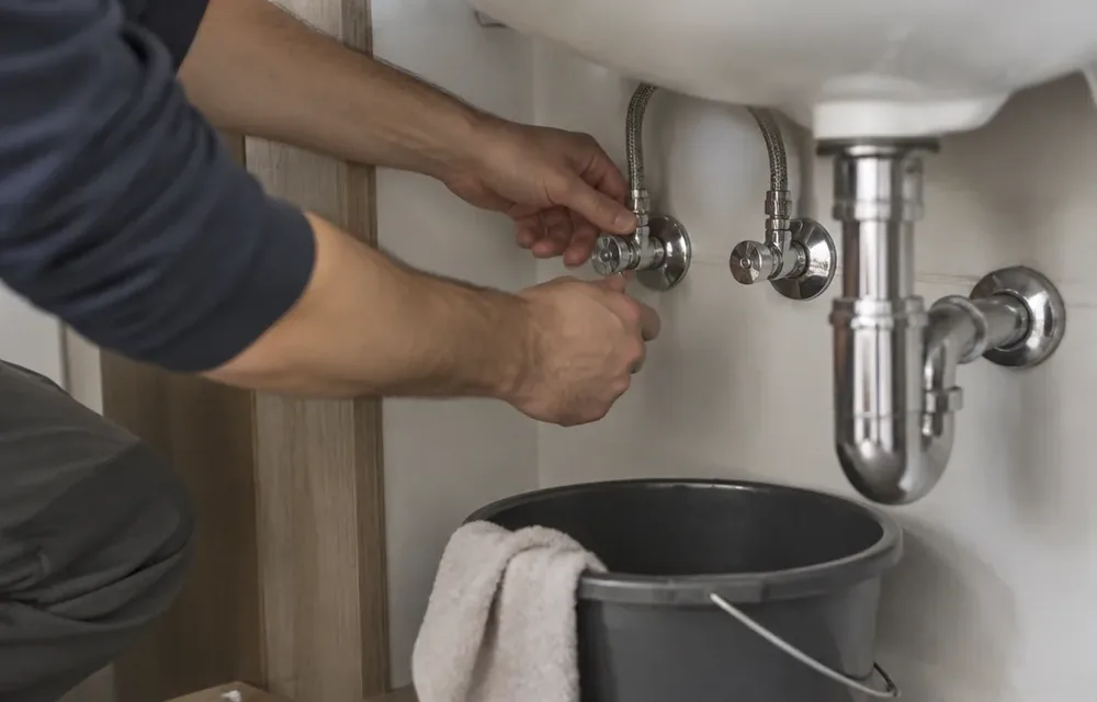 Homeowner closing a fixture supply valve under a sink during active leak triage