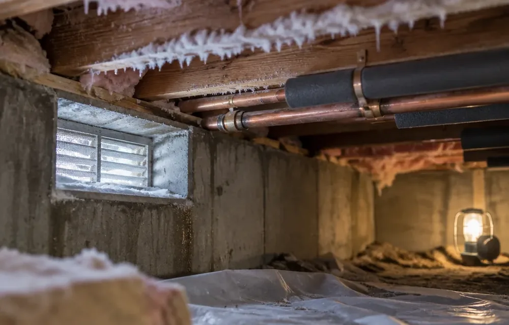 Frost on basement rim joists above insulated supply pipes in Chelmsford
