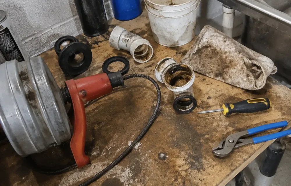 Close-up detail of drain cleaning parts and tools