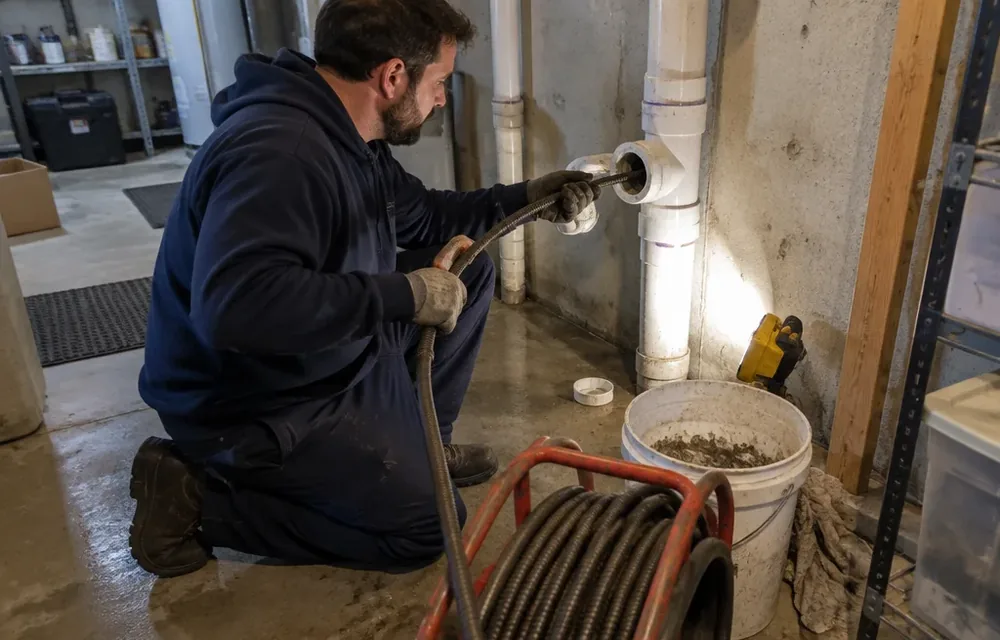 Plumber feeding a drain cable through a basement cleanout in Chelmsford
