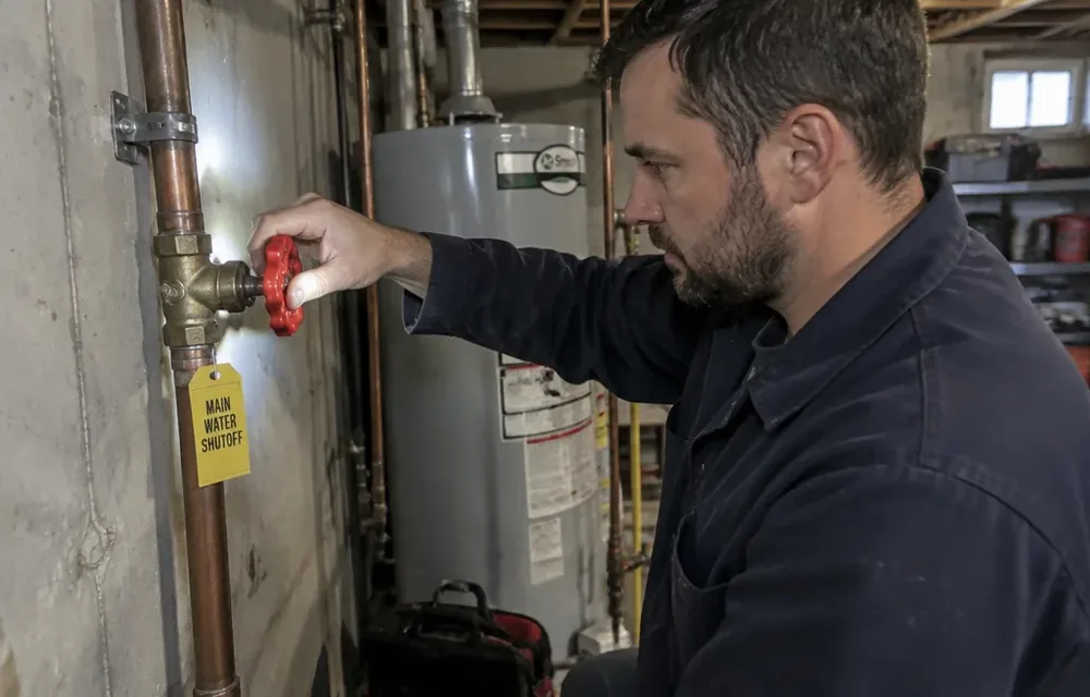 Plumber closing a basement main shutoff valve on copper pipe in Chelmsford