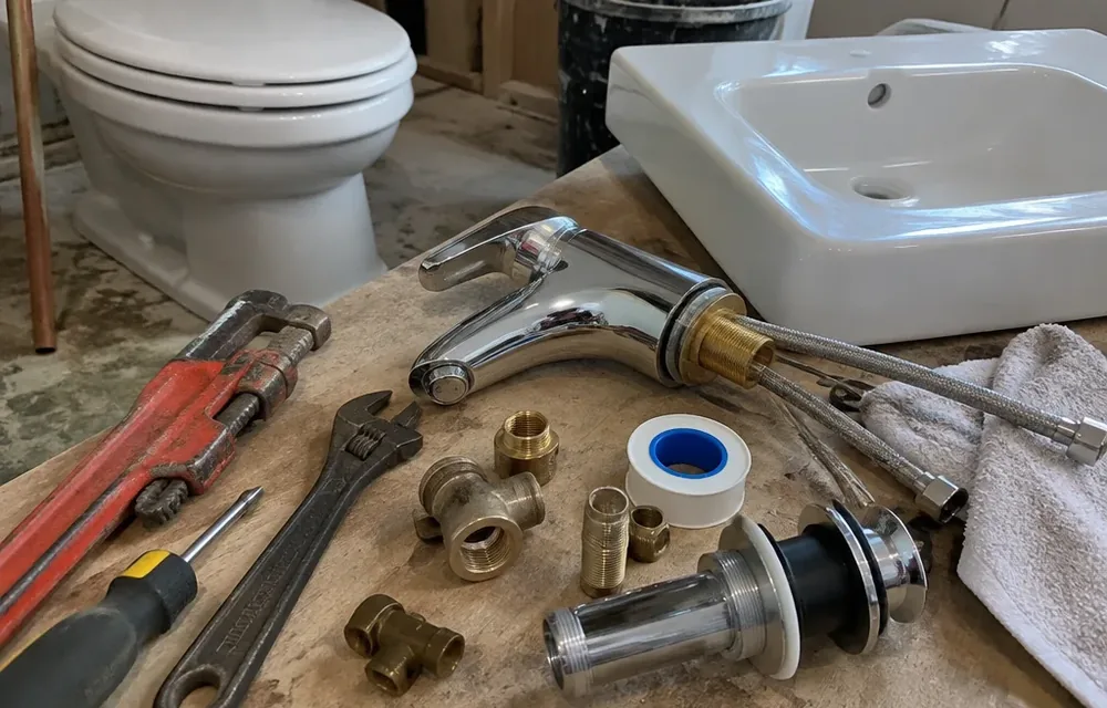 Close-up detail of fixture installation, faucets and toilets parts and tools