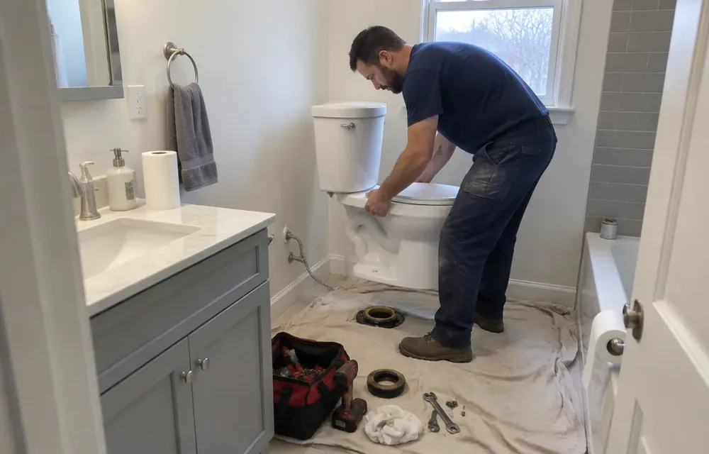 Plumber setting a toilet with a new seal in a Chelmsford bathroom