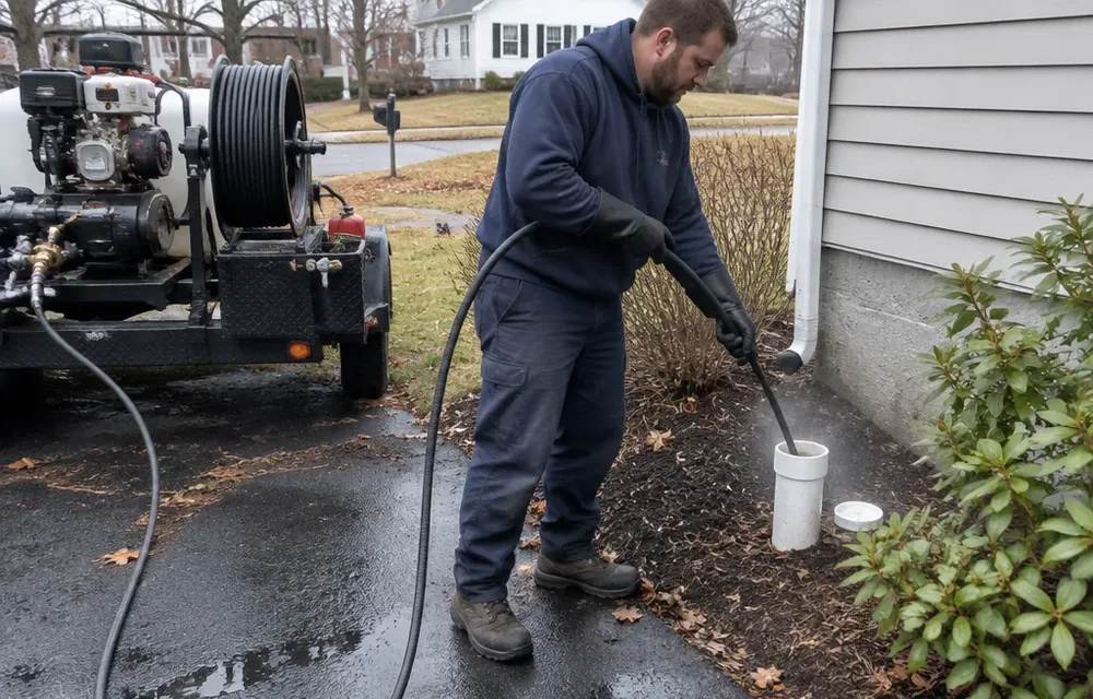 Plumber jetting a main drain line from an outdoor cleanout in Chelmsford
