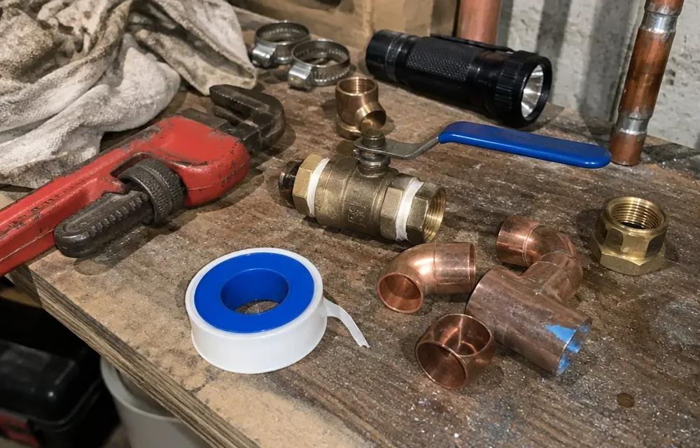 Close-up detail of leak detection and burst pipe repair parts and tools