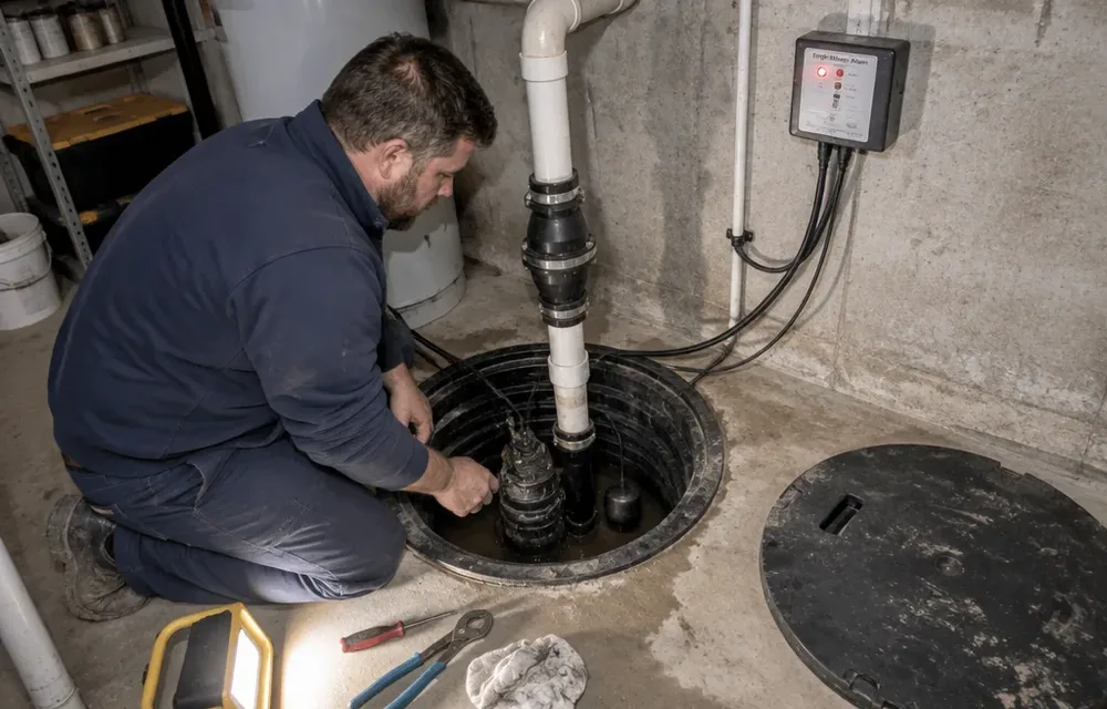 Plumber testing a sewage ejector pump inside a basement basin in Chelmsford
