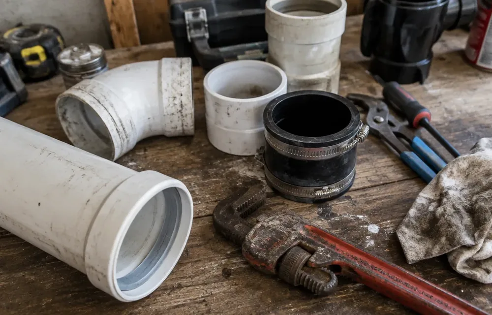 Close-up detail of sewer line repair and replacement parts and tools