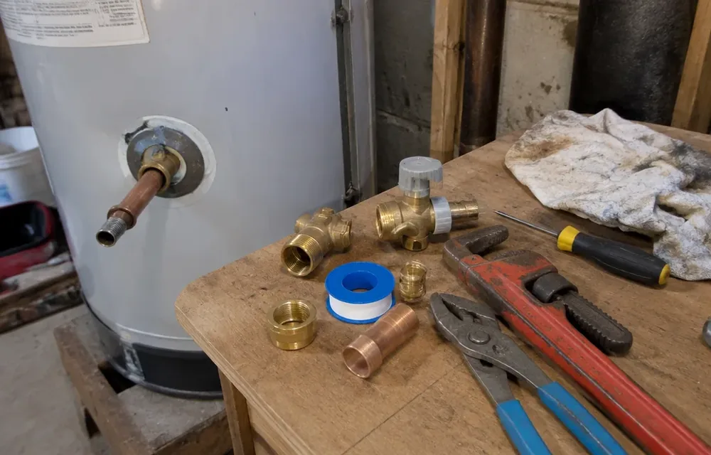 Close-up detail of water heater installation and repair parts and tools