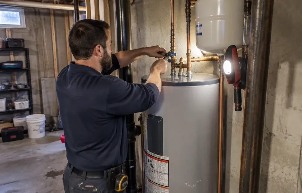 Plumber fitting valves on a new basement water heater in Chelmsford