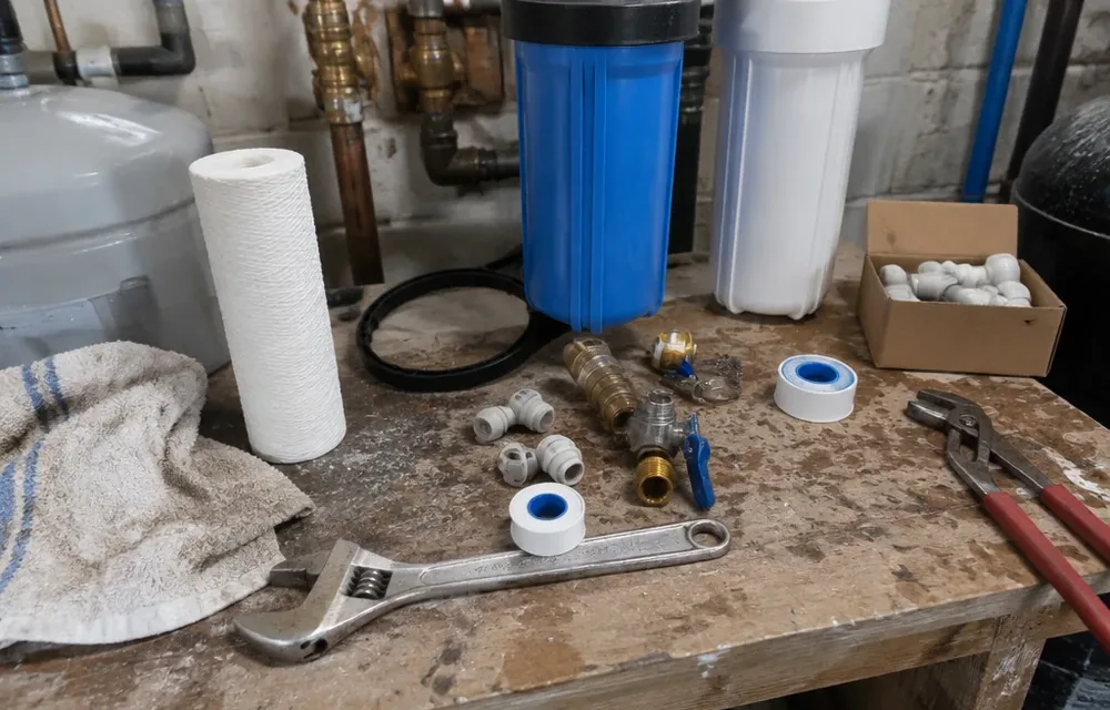 Close-up detail of water treatment and filtration parts and tools