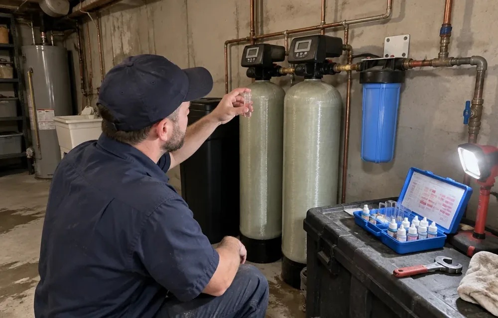 Plumber testing hardness at a basement water treatment setup in Chelmsford