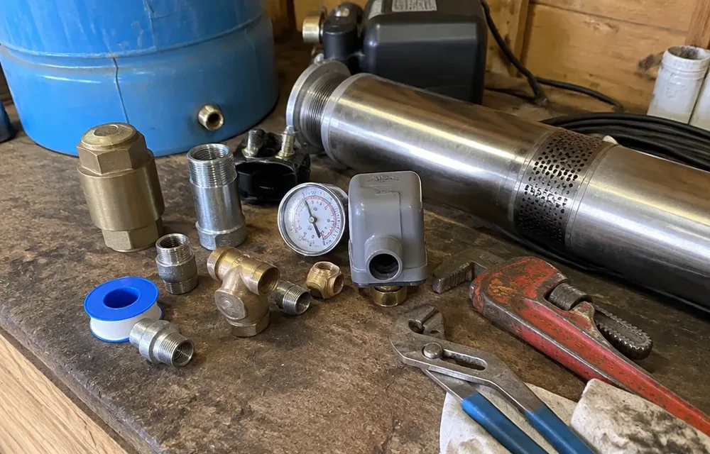Close-up detail of well pump repair and replacement parts and tools
