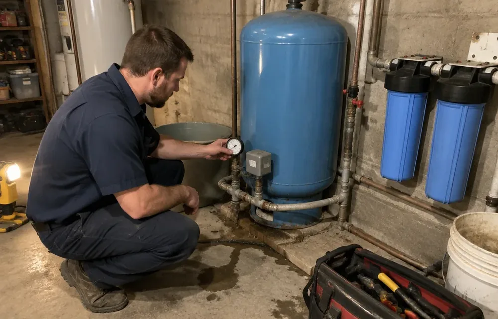 Plumber checking pressure gauge and tank at a Chelmsford area well system