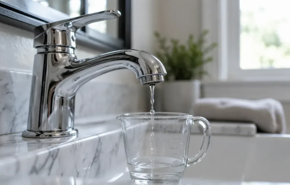 Close view of a dripping bathroom faucet with a measuring cup beneath in Chelmsford