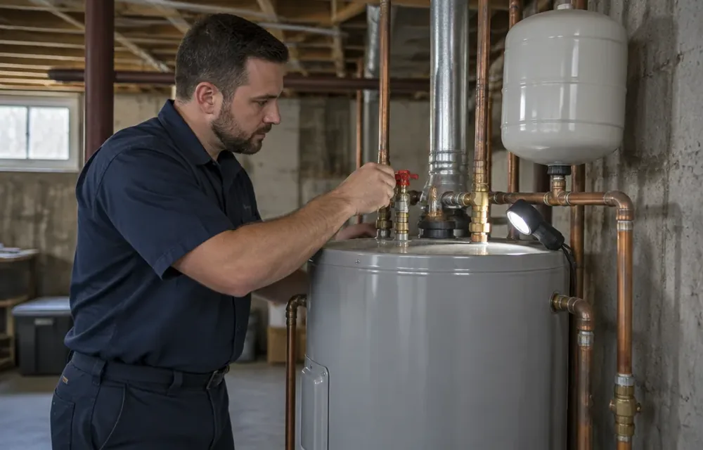 Tank water heater with shutoff valves and expansion tank in a Chelmsford basement