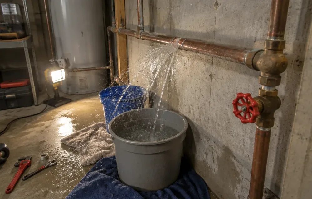 Water spraying from a split copper pipe in a Chelmsford basement