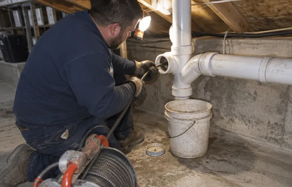 Plumber clearing a clogged kitchen drain through a basement cleanout