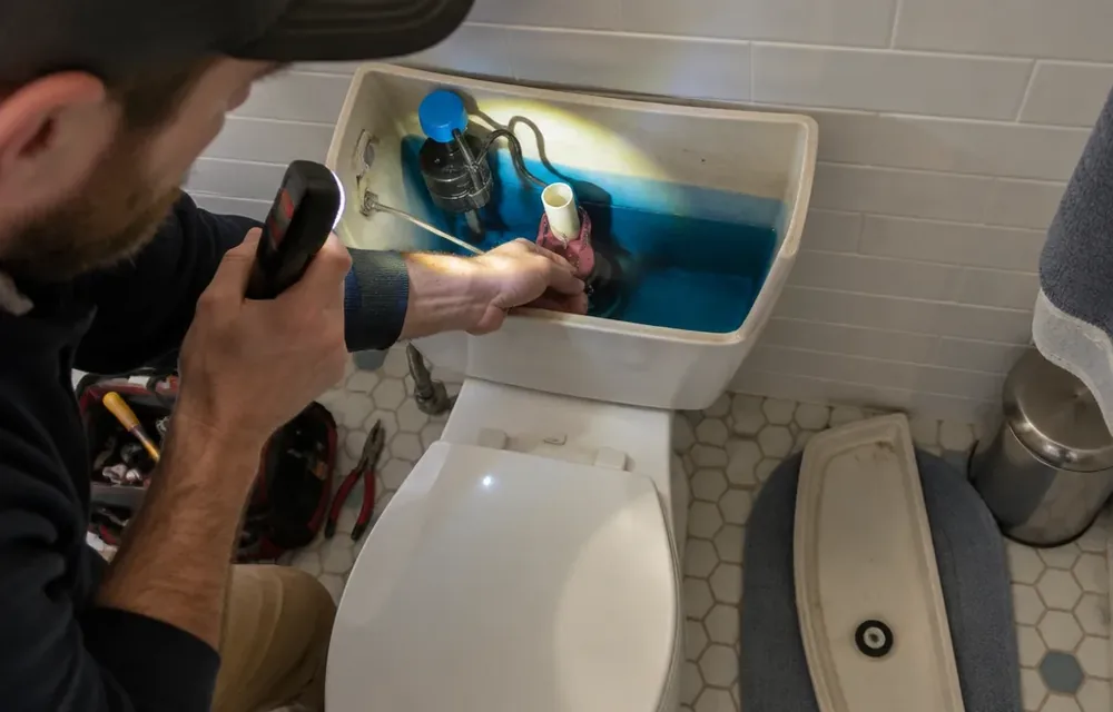 Toilet tank interior with flapper and fill valve checked for running